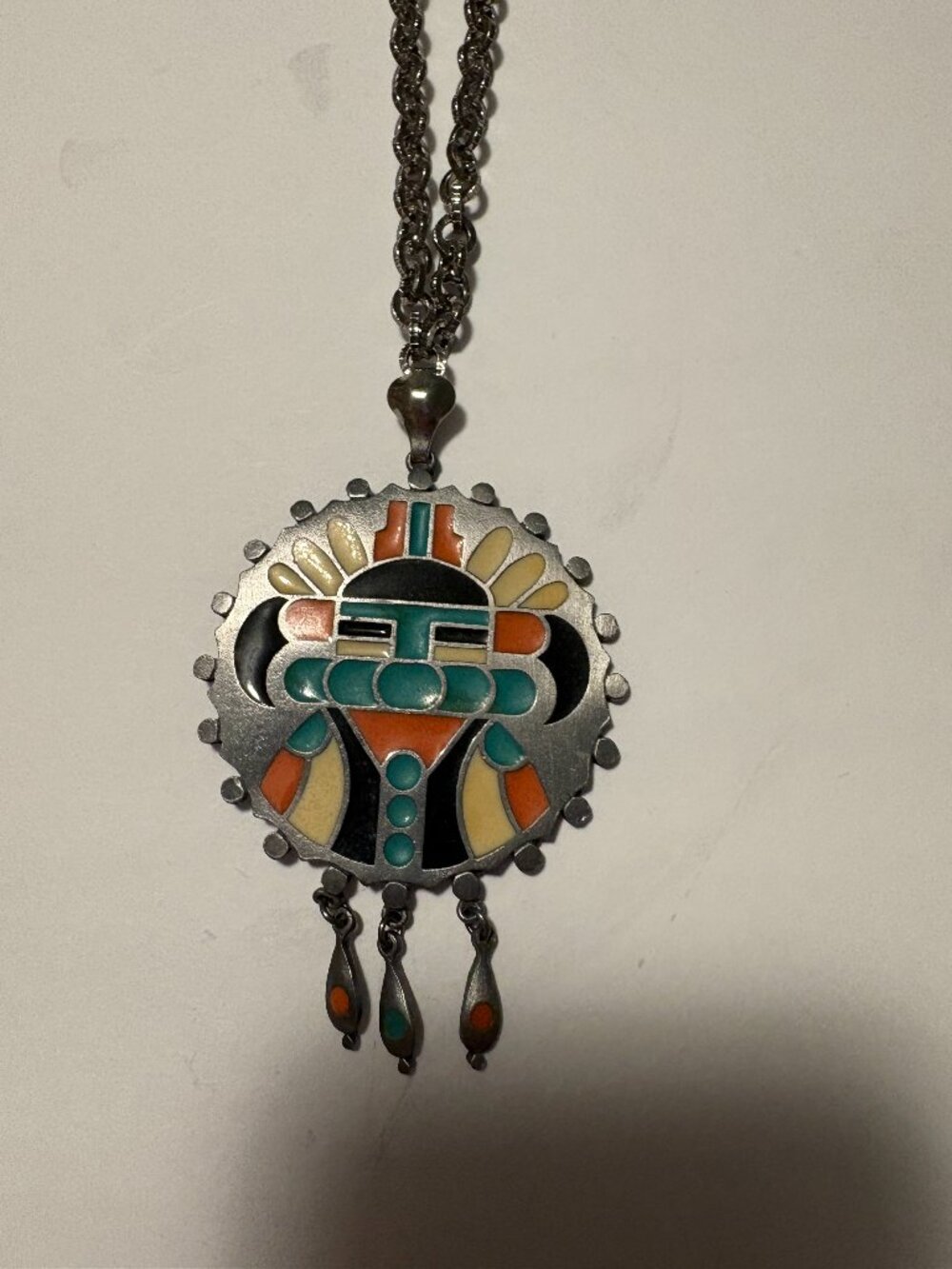 Signed Herman's Pewter Native Inspired Statement Enamel Tribal Necklace